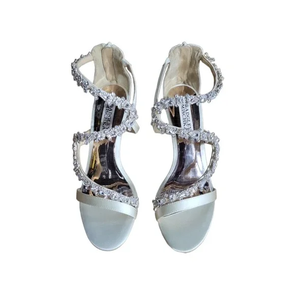 Badgley Mischka Womens Bennet Sandals White Satin Wedge Heels Rhinestone 7 New - Picture 3 of 9